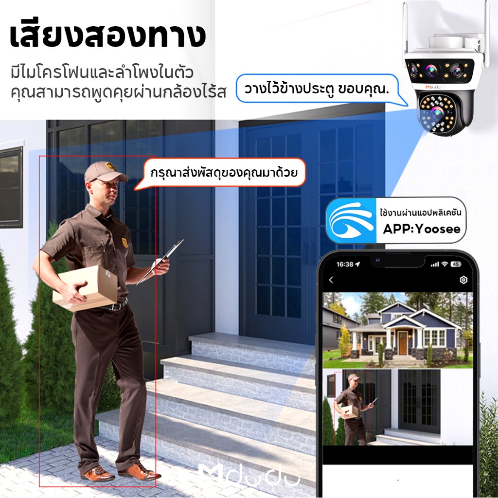 Mdudu กล้องวงจรปิดไร้สาย WIFI กล้อง3เลนส์ 4K 3หน้าจอ Color Full HD15MP ตรวจจับมนุษย์