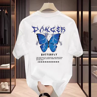 เสื้อยืดคู่รัก เสื้อยืดคอกลม-แขนสั้น ลายเท่ๆ oversize t shirt สกรีนลายหน้า-หลัง ลายผีเสื้อ สตรีทแฟชั่น สีดำ-สีขาว