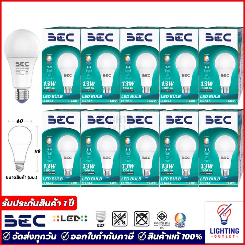 10หลอด🔥BEC หลอดไฟแอลอีดี 13วัตต์ ขั้ว E27 รุ่น Ultra-X LED Bulb 13w Daylight แสงขาว Coolwhite แสงนวล Warmwhite แสงเหลือง