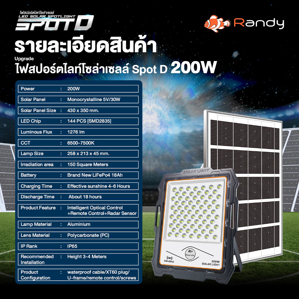 🔥สปอร์ตไลท์รุ่นดีที่สุด ฝนตกชาร์จได้ Randy Solar Light รุ่น Sport D กันน้ำ