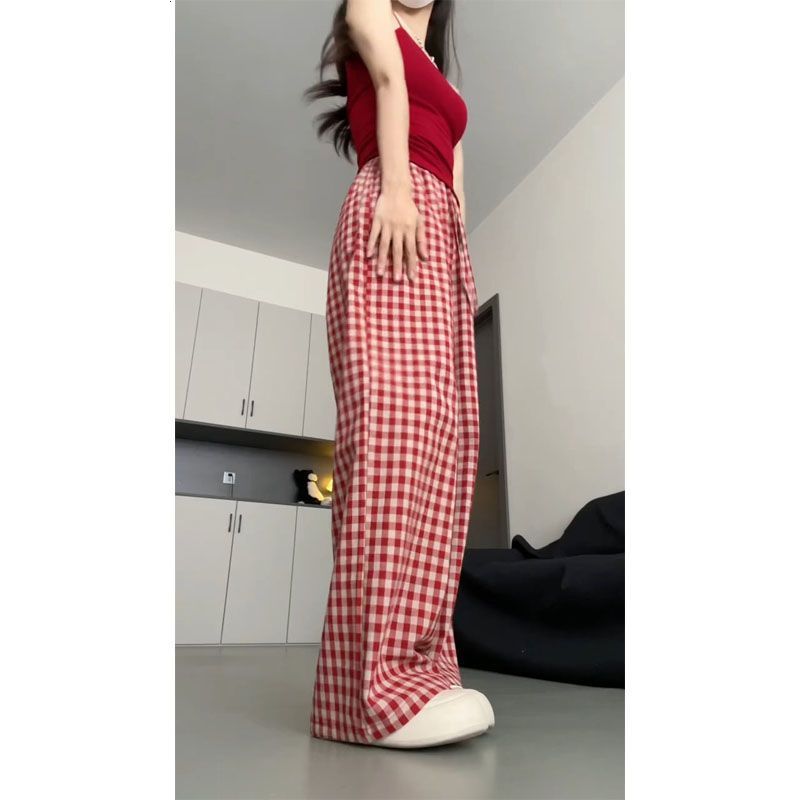2024 ผ้าม่านเอวสูงใหม่, หลวมและผอม, บุคลิกลําลองและขี้เกียจ, กางเกงลายสก๊อตย้อนยุคสีแดงขากว้างตรงสําหรับผู้หญิง - รูปที่ 3