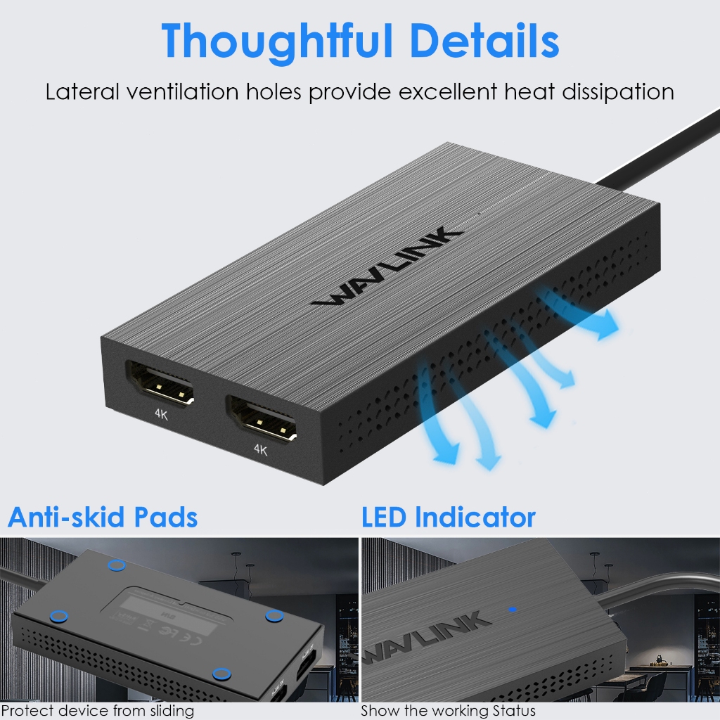 WAVLINK อะแดปเตอร์ USB ถึง HDMI Dual 4K HDMI Splitter 1 in 2 Out Video ตัวแปลง USB to HDMI สําหรับ Macbook Air M1 M2