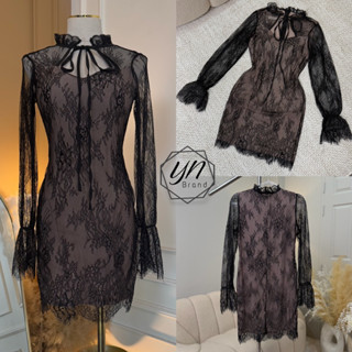 เดรสลูกไม้ผูกคอแขนยาวซับในเนย่อน A82