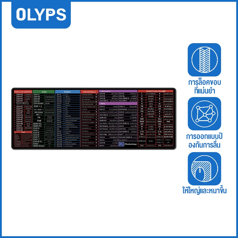 OLYPS แผ่นรองเมาส์ แผ่นรองเมาส์คีย์ลัดภาษาไทย อุปกรณ์สำนักงาน แผ่นรองคีย์บอร์ด Shortcut Keys แผ่นรองเมาส์ขนาดใหญ่