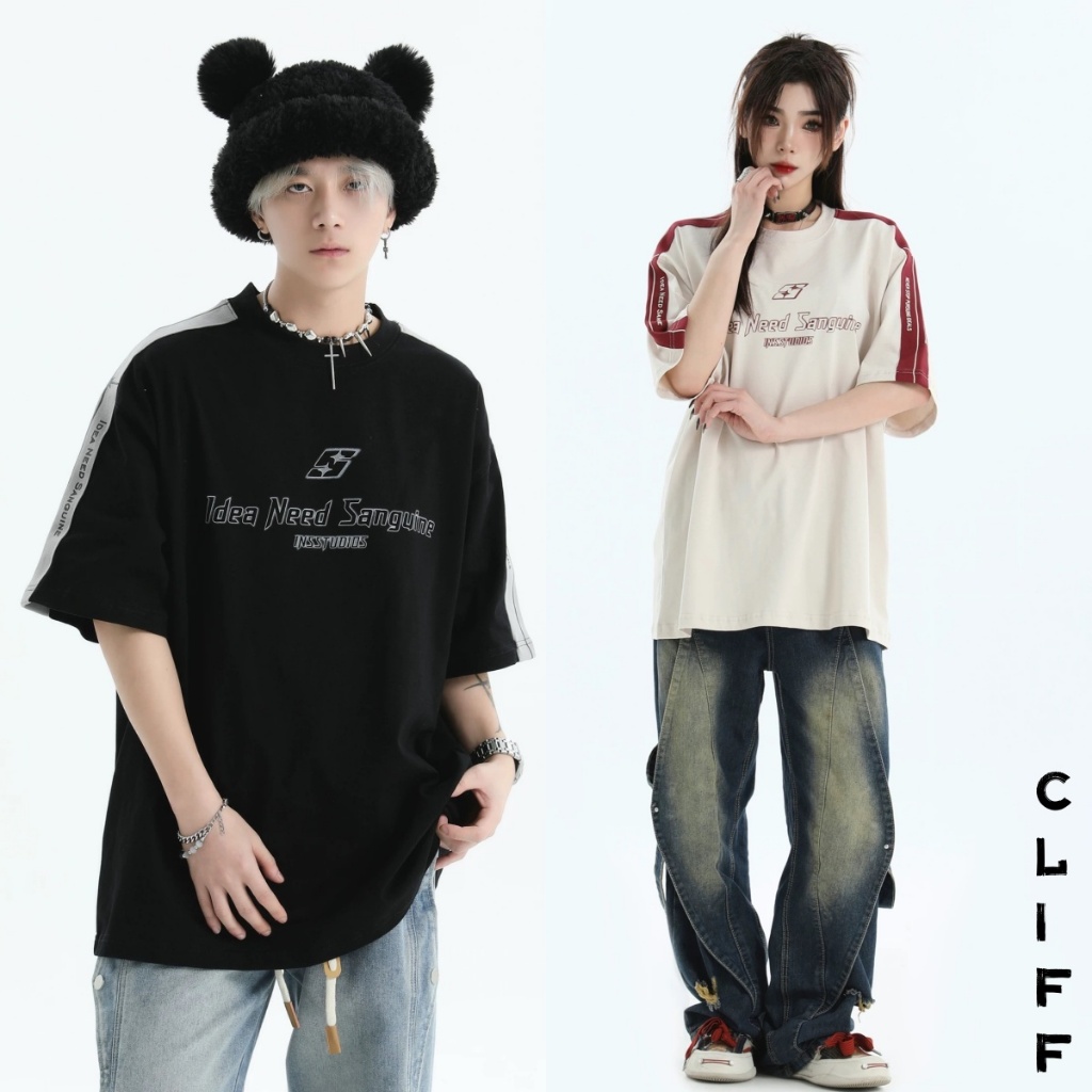 CLIFF แขนสั้นคู่รัก สไตล์อเมริกันวินเทจ สีต่อ ลำลองแมทช์ลุคง่าย oversize