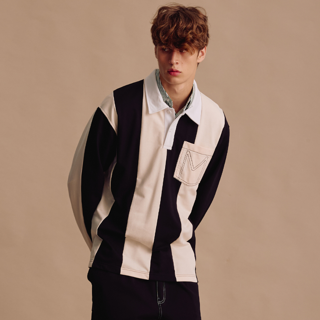 [MOO 1/25] Preppy Rugby Shirt เสื้อรักบี้ผู้ชายแขนยาว ผ้าเจอร์ซี่ คอปกโปโล ตัดต่อชิ้นคอปกและกระเป๋าหน้า แต่งกระดุมหน้า