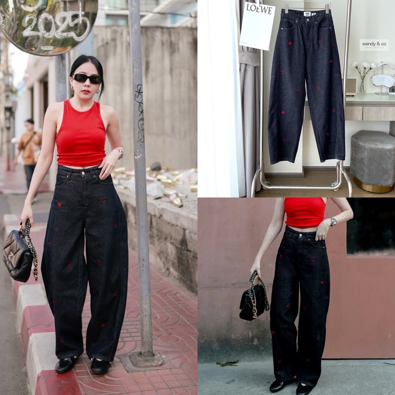 พร้อมส่ง📍กางเกงยีนส์เบคกี้ปักหัวใจรุ่นใหม่ สุดคิ้วท์ที่สุด ปักหัวใจสีแดงกระจายด้านหน้า wendy & co