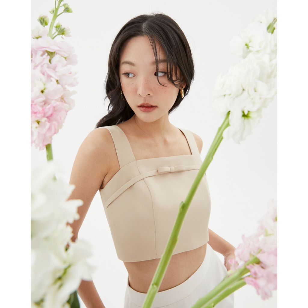 CONT | Ribbon Top เสื้อครอป แต่งสายริบบิ้น ด้านหลังเป็นกระดุมปั๊ม (สั่งไม่เอาสายริบบิ้นได้)