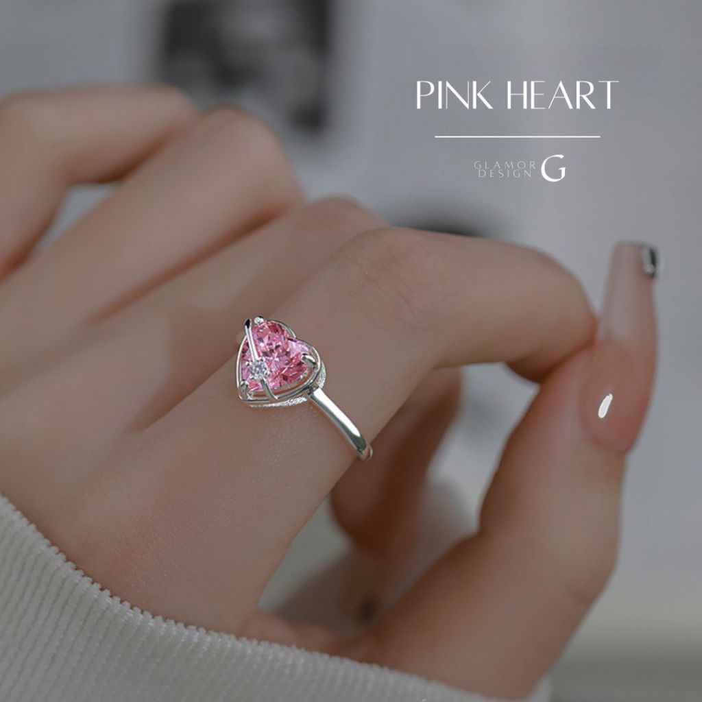 GLAMOR พร้อมส่ง แหวนเงินแท้ Pink Heart แหวนเรียบๆ สไตล์เกาหลี แหวนแฟชั่น แหวนปรับขนาดได้ สไตล์ใหม่