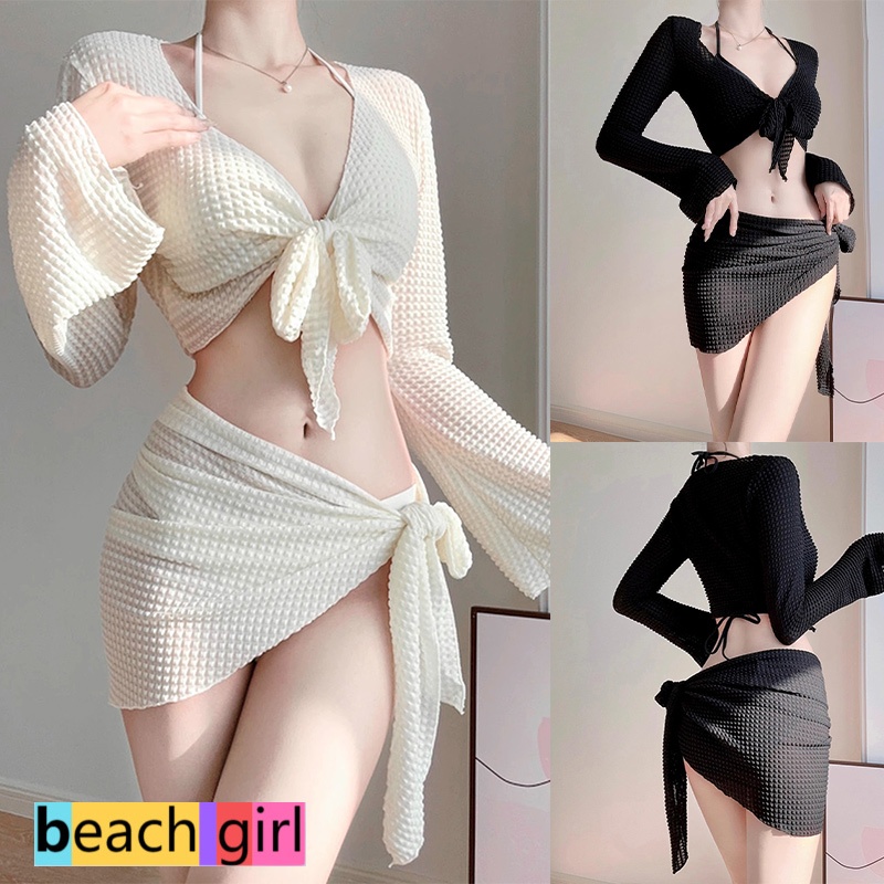 🏖beachgirl🏖ชุดบิกินี่ ชุดว่ายน้ำผู้หญิง สไตล์เซ็กซี่ ผูกคอ แขนยาว พร้อมแผ่นรองหน้าอก ผอมเพรียว