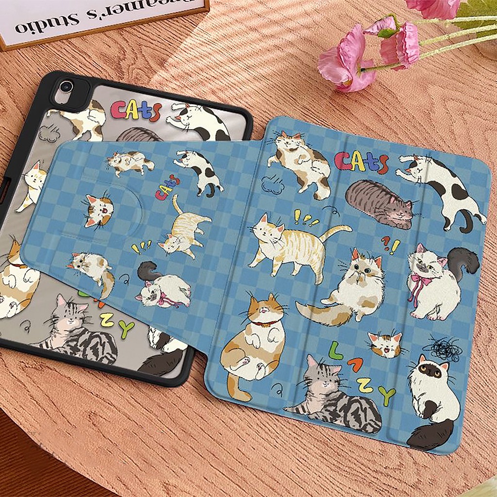 🌼ออกให้ 24 ชม🌼เคสiPadหมุน 360°Air7 Air6 11 Gen11 ที่ใส่ปากกา ครอบครัวลูกแมว เคส iPad Gen9 Pro11 2024