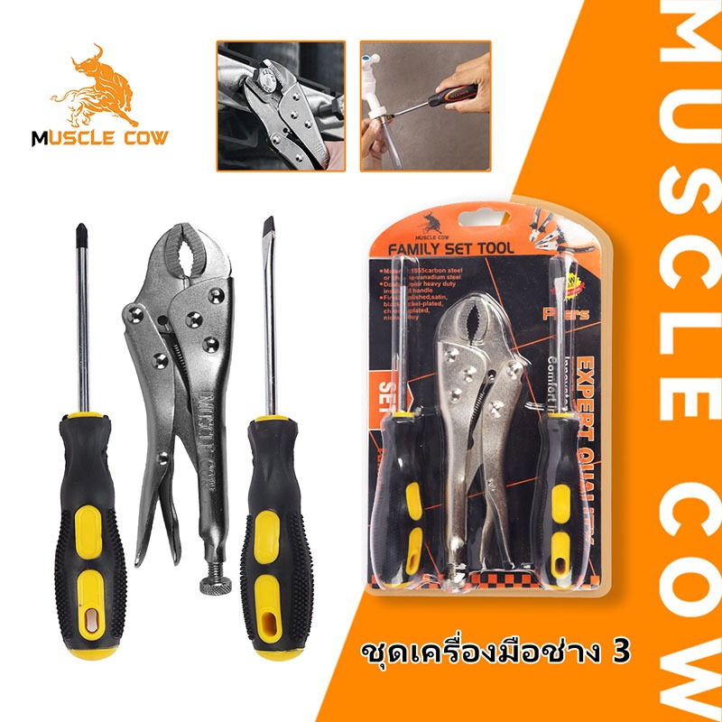 MUSCLE COW ชุดเครื่องมือ 3 ชิ้น ประกอบด้วย คีมล็อค ไขควงหัวแบน และไขควงหัวแฉก สำหรับใช้ในบ้าน