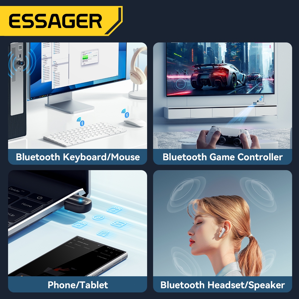 Essager 5.3 อะแดปเตอร์บลูทูธพกพา For Win8.1/10/11