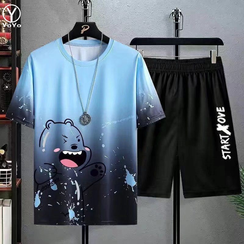 YOYO ชุดแฟชั่นชายเสื้อยืดแขนสั้น + กางเกงขาสั้น ผ้าแห้งเร็วหลวมชุดกีฬาและชุดพักผ่อน รุ่น2815