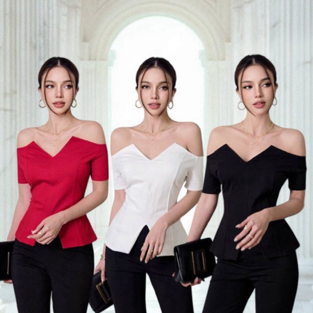 New Linda premium top ปาดไหล่ดีเทลรูปอกตัววี ป้ายCottoncandy