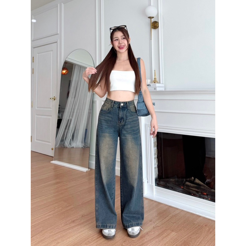Baggy Jeans สีสนิมเข้มฟอกเอวสูง ปักแบรนด์ มีไซส์ S-7XL เอว 24-44”
