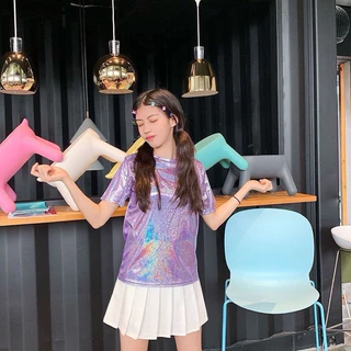 Unicrony • พร้อมส่งจากไทย เสื้อยืดผ้าวิ้งค์ แขนสั้นกลิตเตอร์ ใส่เล่นสงกรานต์ฉ่ำๆ สะท้อนแสงวิ้งๆ เสื้อยืดคอกลมสายรุ้ง