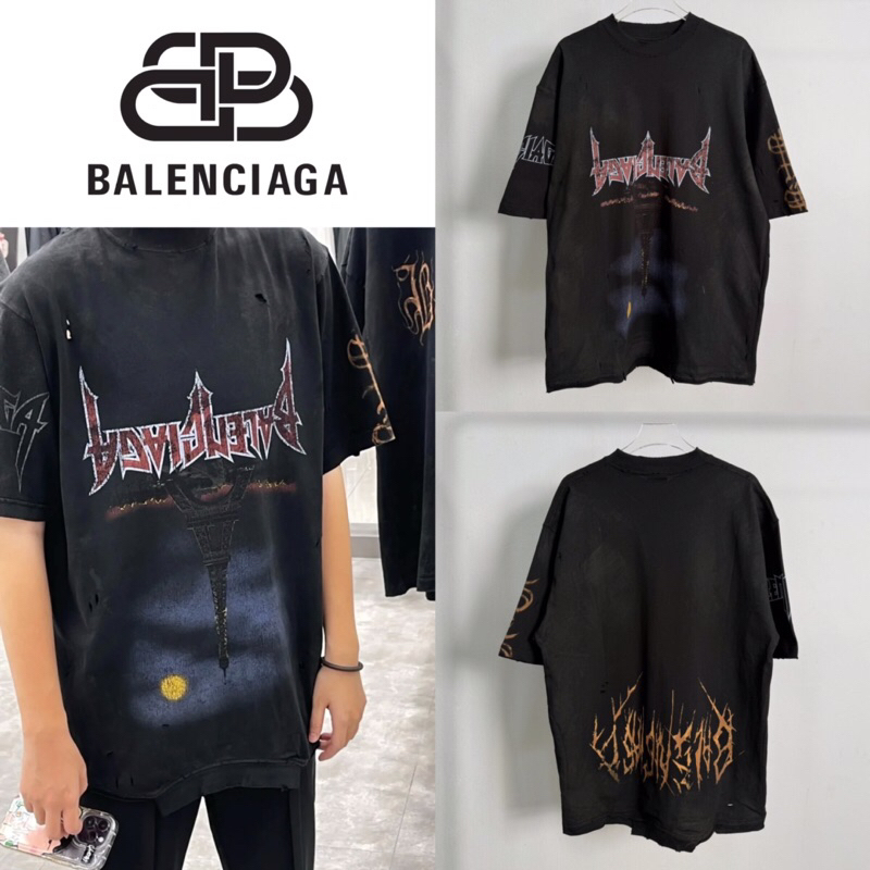 เสื้อยืดแขนสั้น Balenciaga Paris Moon Upside Down T-Shirt Oversized In Black Faded