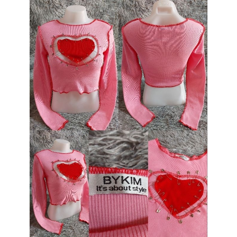 #เสื้อครอปแขนยาว แต่งหัวใจ เข็มกลัด#BYKIM อก 30-32"