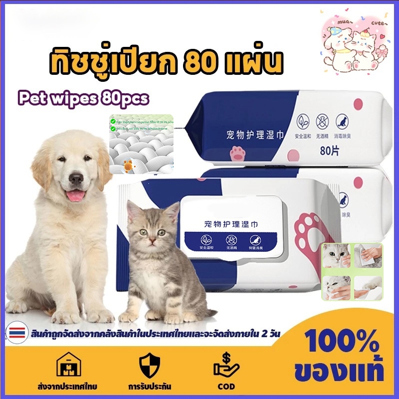 ผ้าเช็ดทำความสะอาดสำหรับสัตว์เลี้ยง ใช้เช็ดสัตว์เลี้ยงได้ ผ้าเช็ดตาและหูสัตว์เลี้ยง สำหรับสุนัขและแมว แพ็คละ 80 แผ่น