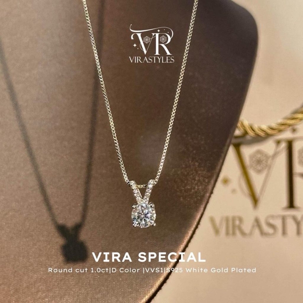 VRS.สร้อยเพชรเม็ดเดี่ยว  สร้อยคอเงิน92.5ชุบทองคำขาว  พร้อมจี้เม็ดเดี่ยวน้ำหนัก1.0ct รุ่นVira Special