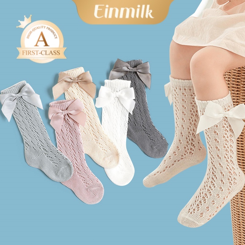 Einmilk 1 คู่ ถุงเท้าเด็กยาวถึงเข่า ถุงเท้าเด็กวัยแบบตาข่ายโบว์ ถุงเท้าแบบยาวเด็กทารก นุ่ม ไร้ตะเข็บ