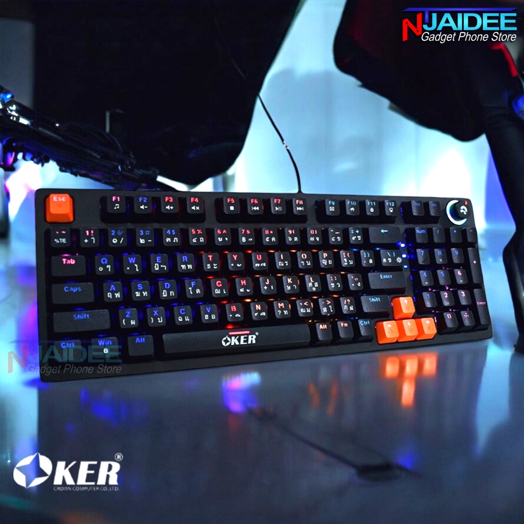 Oker K460 คีย์บอร์ดเกมมิ่ง แบบมีสาย ขนาดเต็ม ไฟ RGB สวิตช์ Blue Switch สีดำ