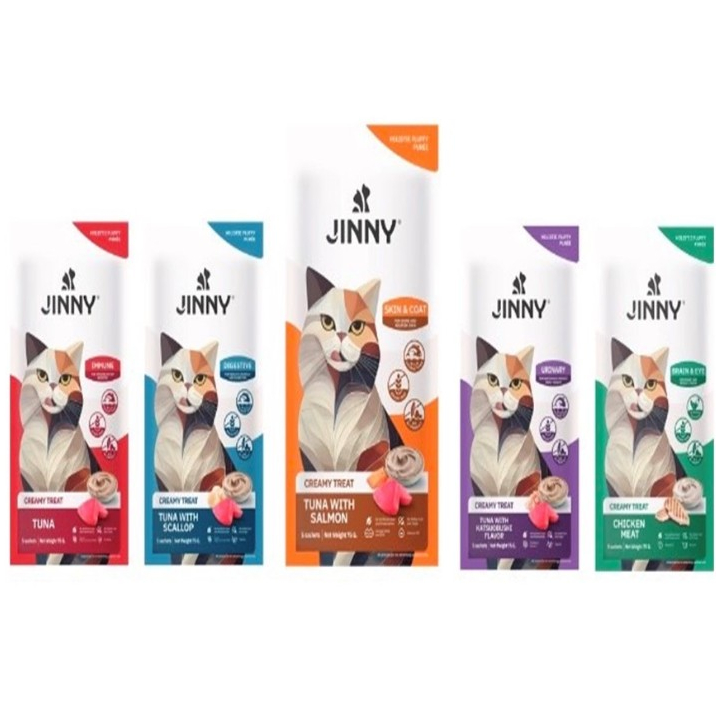 ขนมแมวเลีย Jinny 1แพ็ค5ซอง เกรด Holistic ไม่เติมเกลือและน้ำตาล ผลิตจากเนื้อปลาทูน่าเนื้อขาวและเนื้อไก่อนามัย