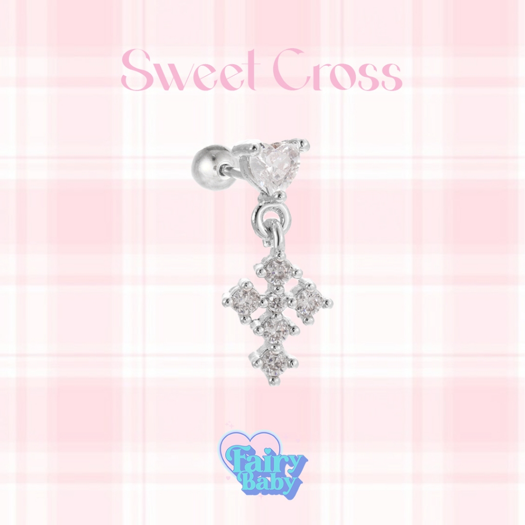 Fairybaby จิว Sweet Cross ( 1 ชิ้น ) จิวหู จิวต่างหู ตุ้งติ้ง ไม้กางเขน โทนสีขาว ลุค จิว เครื่องประดับ แฟชั่น (J1-141)