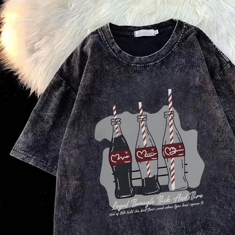 Top.street เสื้อยืด oversize 'Fun bottle' แขนสั้น t shirt cotton100% ทรงหลวม เสื้อฟอก สีดำ ใส่ได้ทั้งชาย-หญิง 3xl