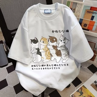 NEW เสื้อยืดคอกลมแขนสั้น วินเทจ ลายแมวน่ารัก ผ้านิ่มใส่สบาย ES400