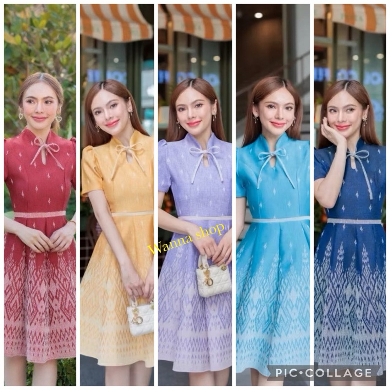 เดรสผ้าทอลายเนื้อฝ้ายลายนาคราช คอปืนไล่ลสาย แต่งโบว์น่ารัก