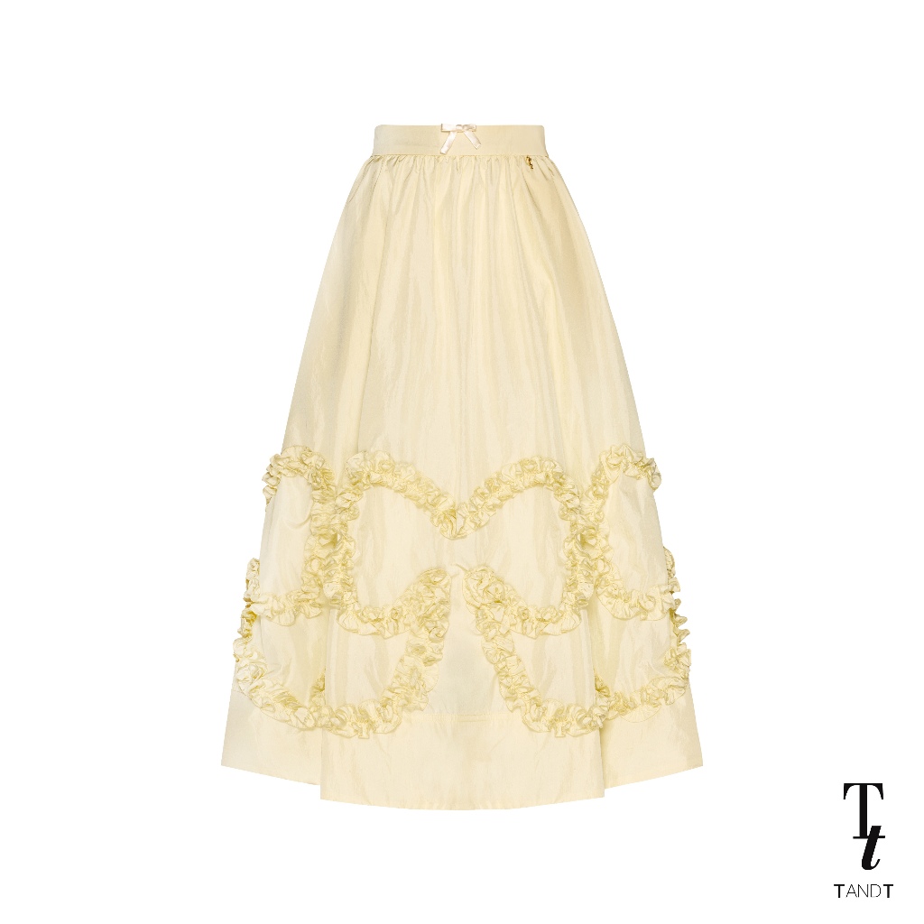 TandT - MELANIE SKIRT - BOW-SHAPED RUFFLE MIDI SKIRT กระโปรงยาว รูดระบายทรงบาน ตกแต่งกดรูดระบายรูปโบว์ ผ้าร่มสีเหลืองอ่อ