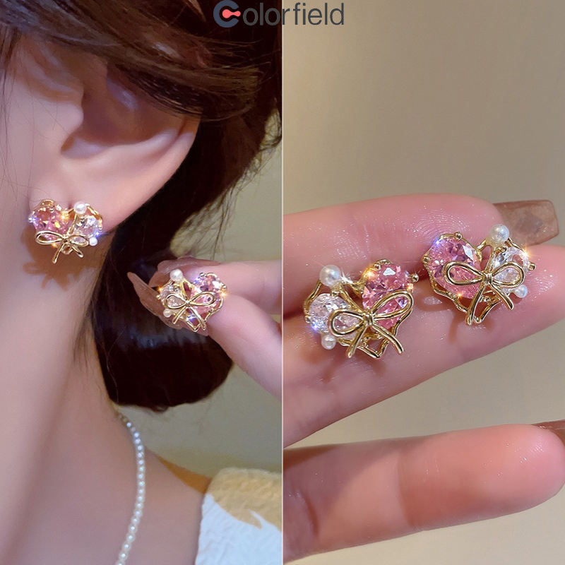 Colorfield  ประดับโบว์ ต่างหู รักต่างหูผู้หญิงเรียบง่ายแสงหรูหราเฉพาะต่างหูรูปหัวใจต่างหูออกแบบเฉพาะต่างหู