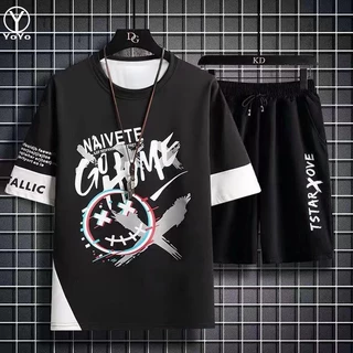 YOYO ชุดแฟชั่นชายเสื้อยืดแขนสั้น + กางเกงขาสั้น ผ้าแห้งเร็วหลวมชุดกีฬาและชุดพักผ่อน รุ่น2803