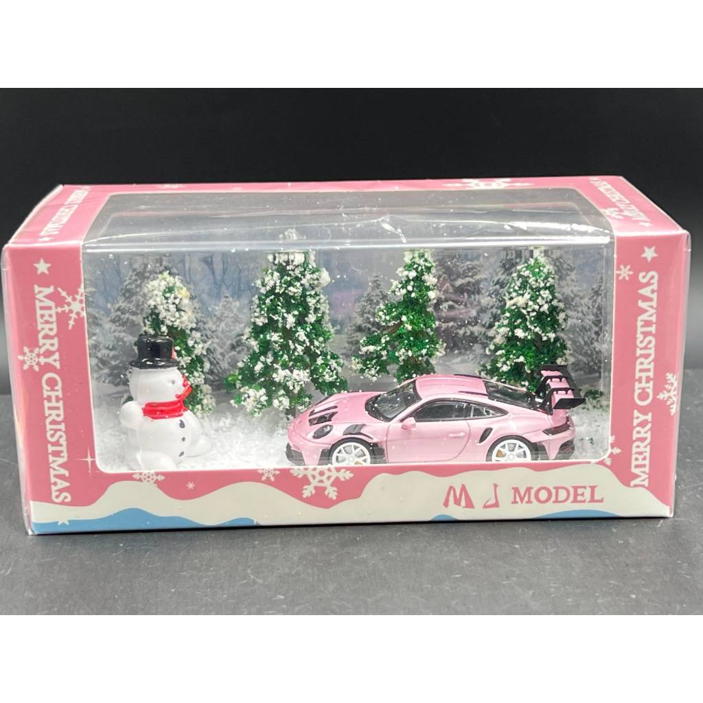 MJ 1/64 Diecast Model  Porsche 911 992 GT3 RS Christmas version car- with snowing diorama.