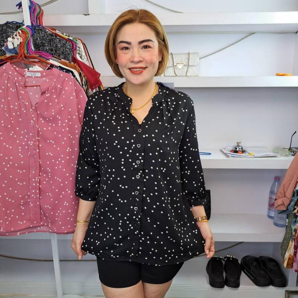 (ราคาส่ง)-10098//คอจีนจีบคอลายจุดไหมญี่ปุ่น ฟรีไซส์อก40-46นิ้ว ยาว29-30นิ้ว ราคา229บาท