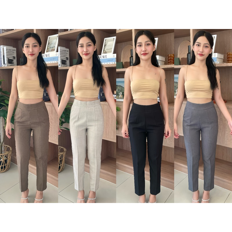 G01 กางเกงขากระบอกเล็ก ซิปข้าง ผ้าสโนว์ เอวสูง Slim Fit (ยาว 36 นิ้ว)