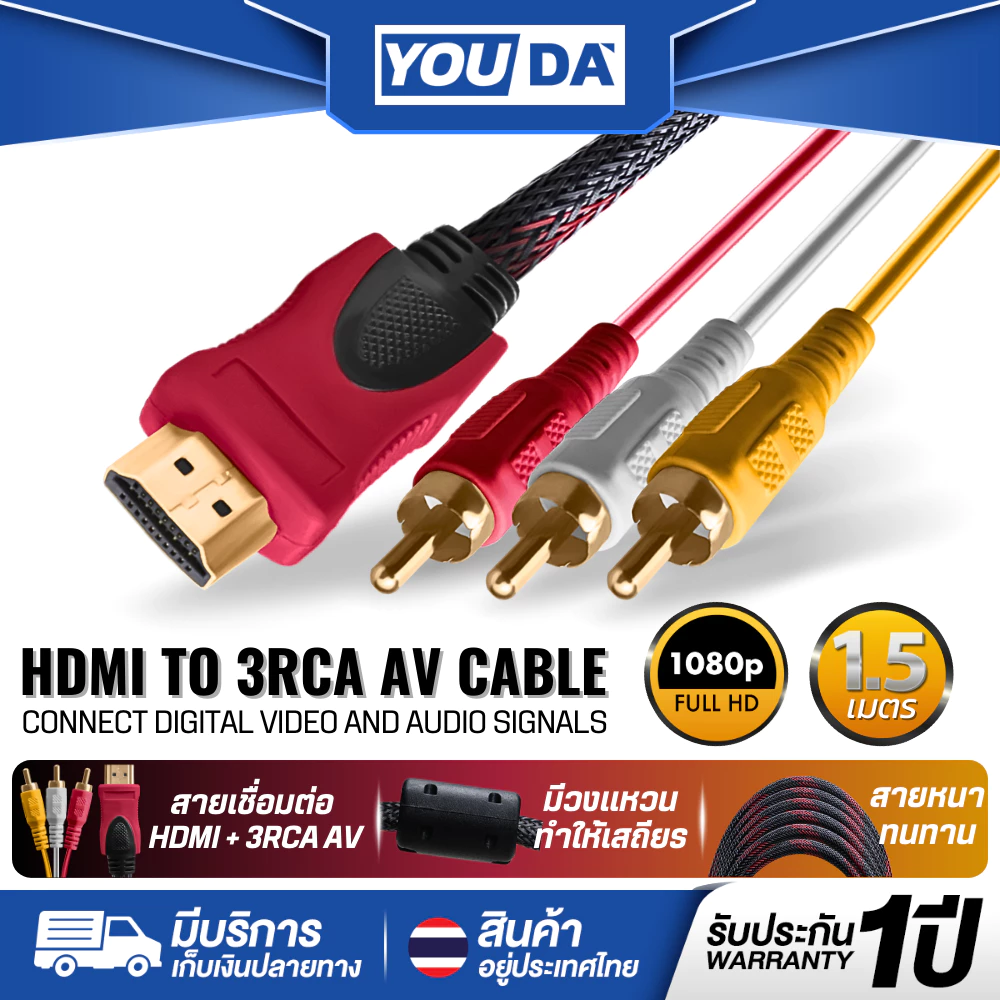 YOUDA สายแปลง HDMI TO AV สายยาว 1.5M/3M รับประกัน1ปี สายต่อภาพจาก HDMI แปลง RCA วิดีโอ YD-HA414 สายแปลงสัญญาณภาพและเสียง