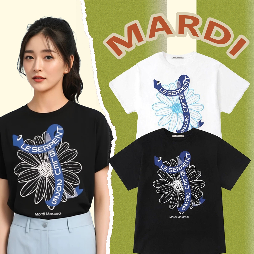 100%แท้ / พร้อมส่ง New เสื้อยืด MARDI MERCREDI Flower wtite black งู มะเส็ง T-shirt เกาหลีแท้ ลายดอกไม้ ฟรีไซซ์