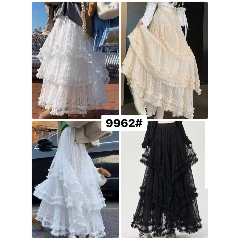 กระโปรงยาวผ้ามุ้งลายจุด เย็บแต่งเลเยอร์เก๋ๆ ดีไซด์ล้ำ #9962