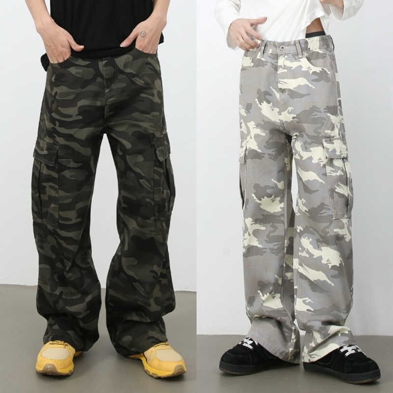 CAMO CARGO JEANS กางเกงยีนส์ทหารเอวสูงกระบอกใหญ่