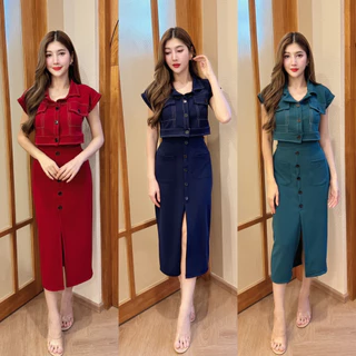 ชุดเซตกระโปรงผ้าวูลเวฟ เสื้อทรงครอปคอปกกระดุมหน้าแต่งกระเป๋าหน้า+กระโปรงเอวเรียบกระเป๋าหน้าแต่งกระดุมหน้าผ่าหน้า A5390