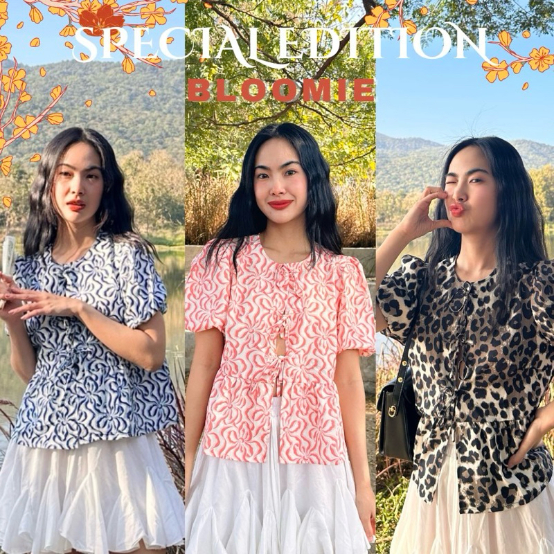 (พร้อมส่ง) Bloomie เสื้อลายคราม กระดุมผูกโบว์