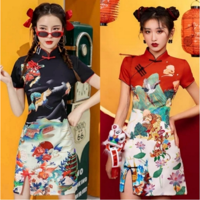 【Karlyn】FZ-CC-G03# ชุดเดรสกี่เพ้า แขนสั้น  ผ่าข้าง ต้อนรับเทศกาลตรุษจีน น่ารักมาก