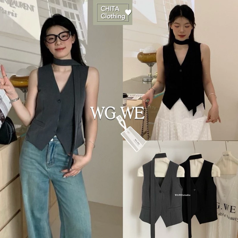 📍พร้อมส่ง📍8183💌เสื้อ vest แมทช์กับลุคไหนก็ดูดี เนื้อผ้าดี มีซับใน มาพร้อมสายไขว้คอ TAG:WG.WE 🇰🇷