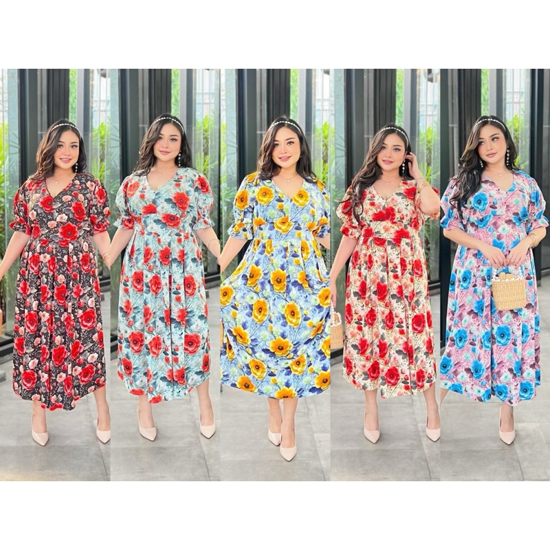 เดรสสาวอวบ ผ้าไหมอิตาลี สม๊อคเอว มีสายผูกหลัง รอบอก 40-50 นิ้ว ใส่ได้