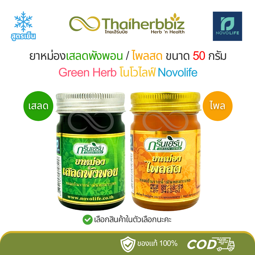 ยาหม่องกรีนเฮิร์บ (ยาหม่องเสลดพังพอน/ยาหม่องไพลสด) สูตรเย็น โนโวไลฟ์ GreenHerb 50 กรัม (1 ขวด)