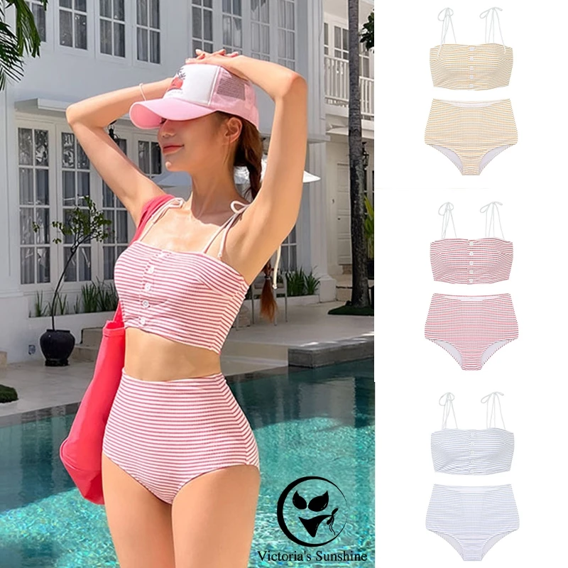 ชุดว่ายน้ำ bikini บิกินี่ทูพีช เอวสูง เซ็กซี่ ลายเกาหลี มีฟองน้ำ summer#0593