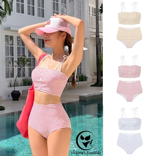 ชุดว่ายน้ำ bikini บิกินี่ทูพีช เอวสูง เซ็กซี่ ลายเกาหลี มีฟองน้ำ summer#0593